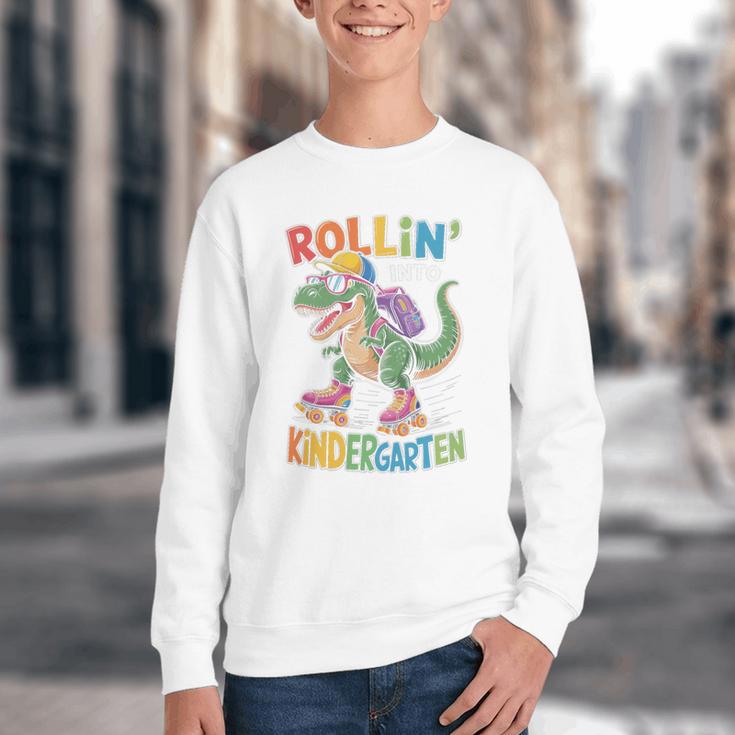 T Rex Rollin Into Kindergarten Back To School First Day Boys Youth Crewneck Sweatshirt T Rex Rollin Into Kindergarten Back To School First Day Boys Youth Crewneck Sweatshirt