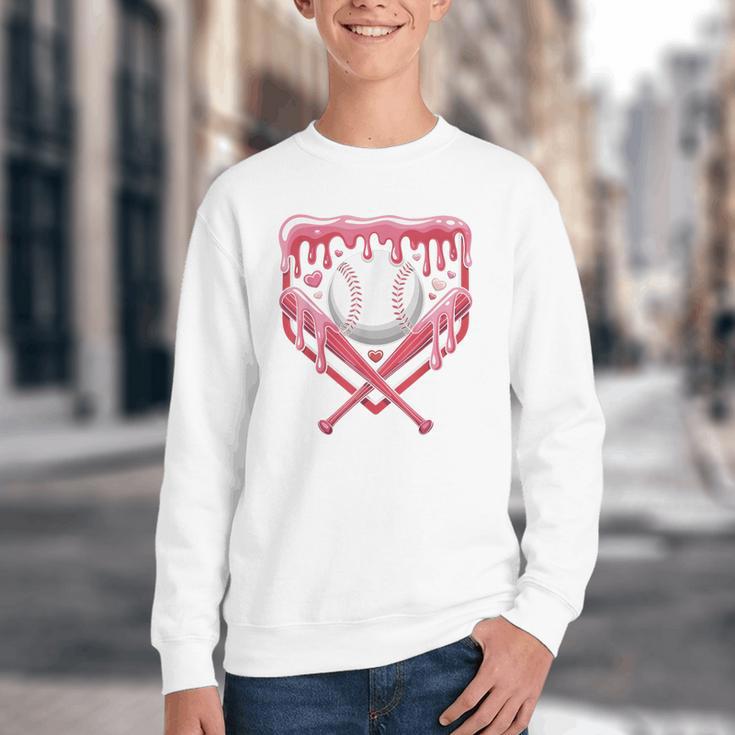 Valentines Baseball Boys Ice Cream Drip Heart Youth Kids Youth Crewneck Sweatshirt