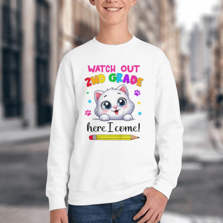 Watch Out 2nd Grade Here I Come Girls Cat Back To School Youth Crewneck Sweatshirt Watch Out 2nd Grade Here I Come Girls Cat Back To School Youth Crewneck Sweatshirt