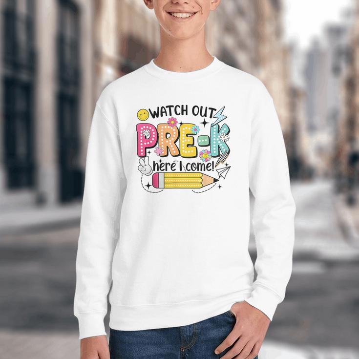 Watch Out Pre-K Here I Come Back To School Pre-K Youth Crewneck Sweatshirt Watch Out Pre-K Here I Come Back To School Pre-K Youth Crewneck Sweatshirt