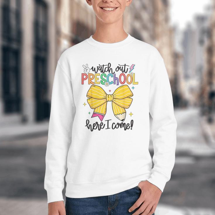 Watch Out Pre-K Here I Come Preschool Back To School Youth Crewneck Sweatshirt Watch Out Pre-K Here I Come Preschool Back To School Youth Crewneck Sweatshirt