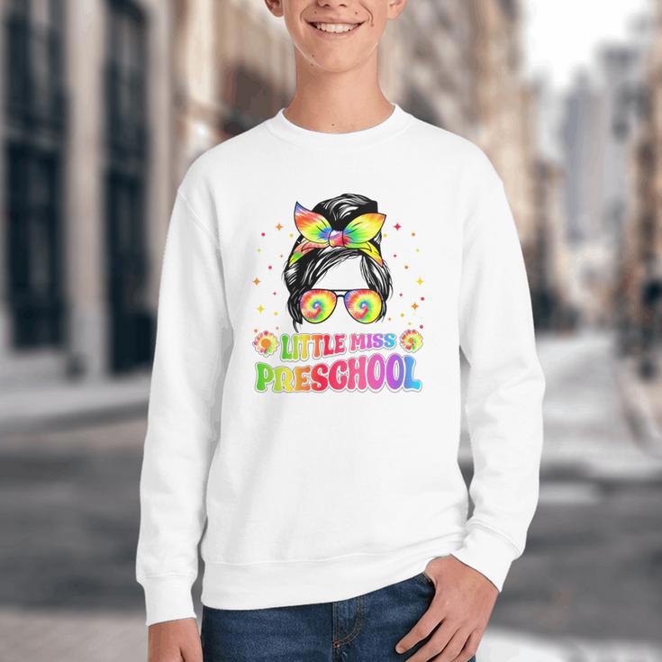 Women's Little Miss Preschool Messy Bun Tie Dye Back To School Girls Youth Crewneck Sweatshirt