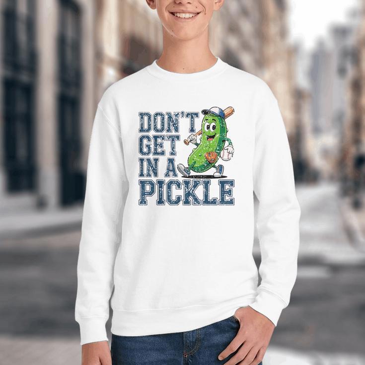Youth Baseball Catcher Humor Don’t Get In A Pickle Youth Crewneck Sweatshirt Youth Baseball Catcher Humor Don’t Get In A Pickle Youth Crewneck Sweatshirt