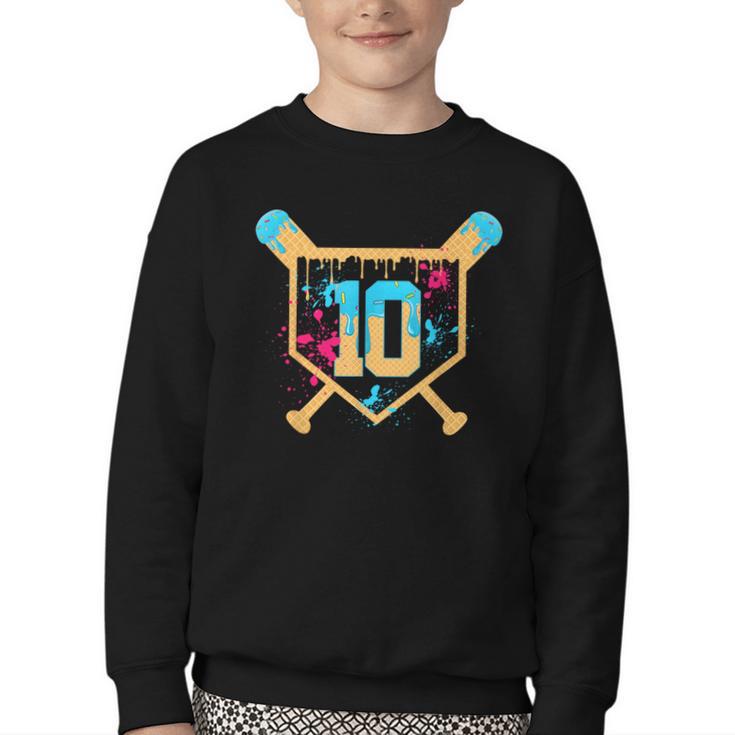 10 Years Old 10th Birthday Baseball Ice Cream Dripping Boys Youth Crewneck Sweatshirt