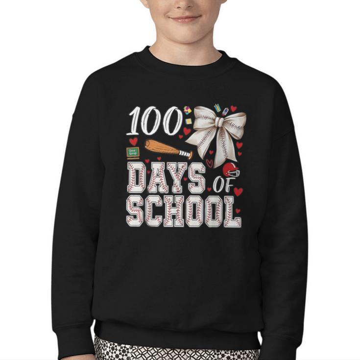 100 Days Of School Baseball 100th Day Of School Coquette Bow Youth Crewneck Sweatshirt