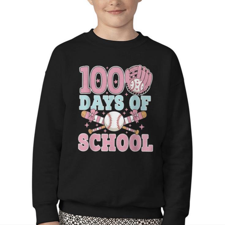 100 Days Of School Baseball 100th Day Of School Girls Youth Crewneck Sweatshirt
