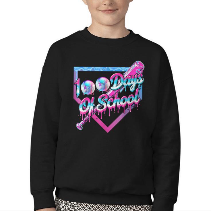 100 Days Of School Baseball 100th Day Ice Cream Boys Kids Youth Crewneck Sweatshirt