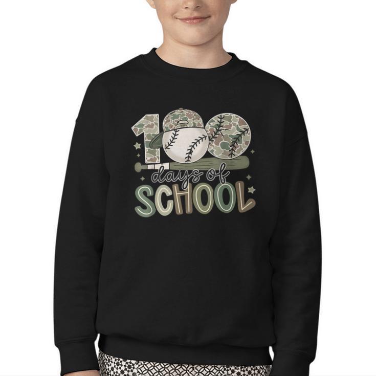100 Days Of School Baseball Camo Celebration Youth Crewneck Sweatshirt