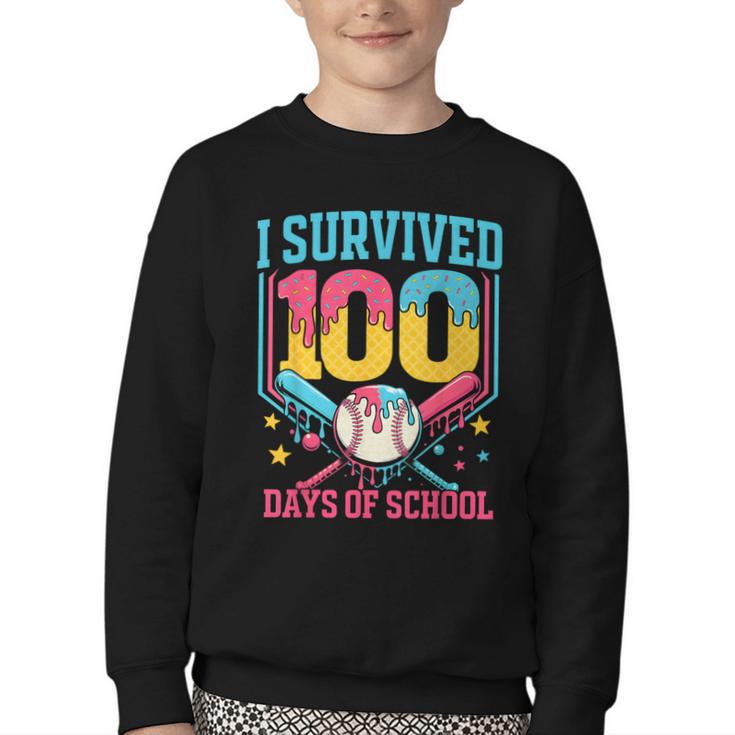 100 Days Of School Baseball Drip 100 Days Boy Girl Kids Youth Crewneck Sweatshirt