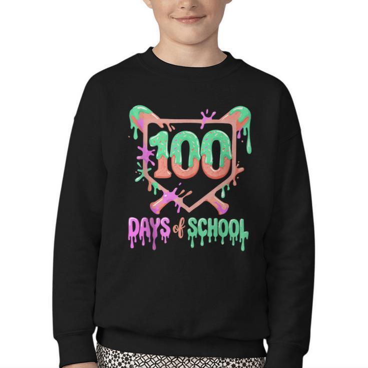 100 Days Of School Baseball Ice Cream Drip 100th Day Player Youth Crewneck Sweatshirt