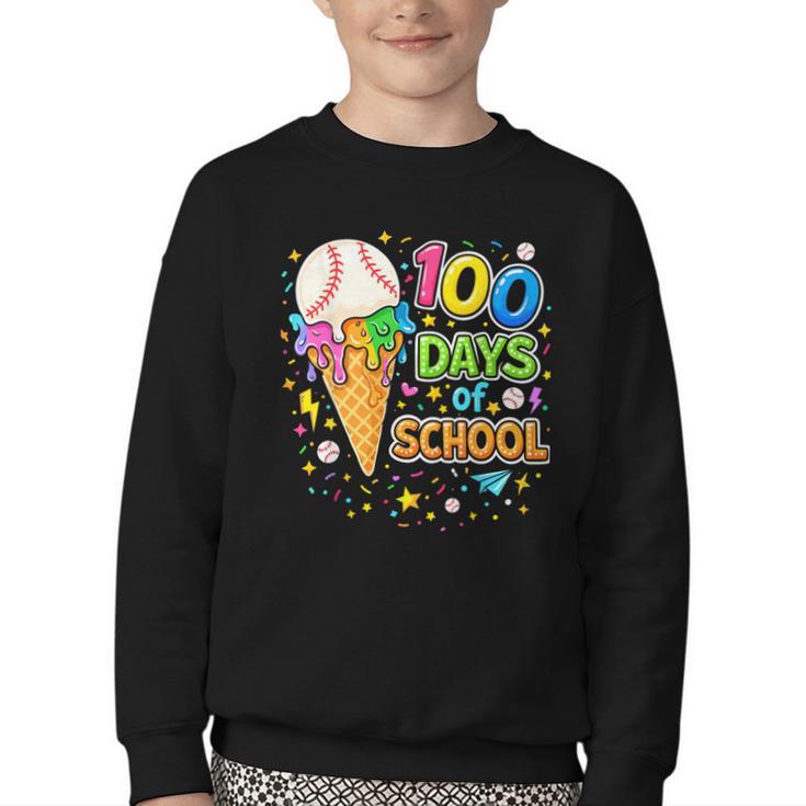 100 Days Of School Baseball Ice Cream Drip Boys Kids Player Youth Crewneck Sweatshirt