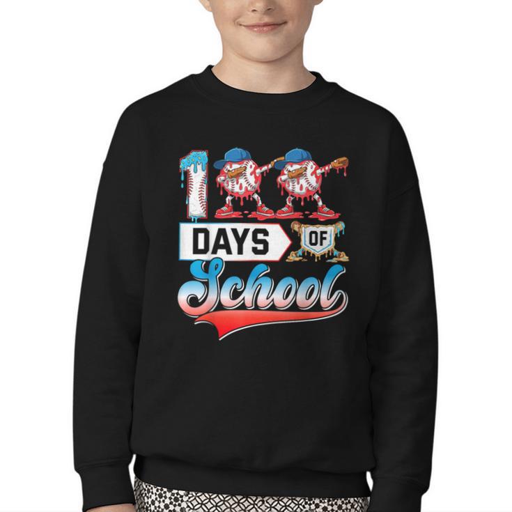 100 Days Of School Boys Baseball Drip 100th Day Dabbing Ball Youth Crewneck Sweatshirt
