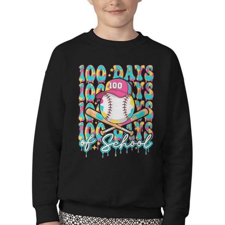 100 Days Of School Drip Baseball 100th Day Baseball School Youth Crewneck Sweatshirt