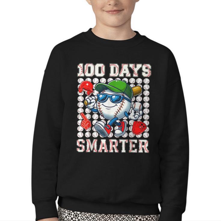 100 Days Smarter Baseball 100 Days Of School Boy Girl Kid Youth Crewneck Sweatshirt