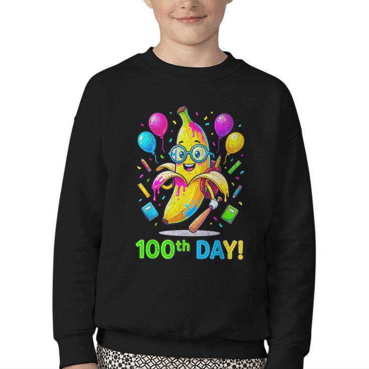 100th Day Of School Banana Baseball Drip For Kids Youth Girl Youth Crewneck Sweatshirt