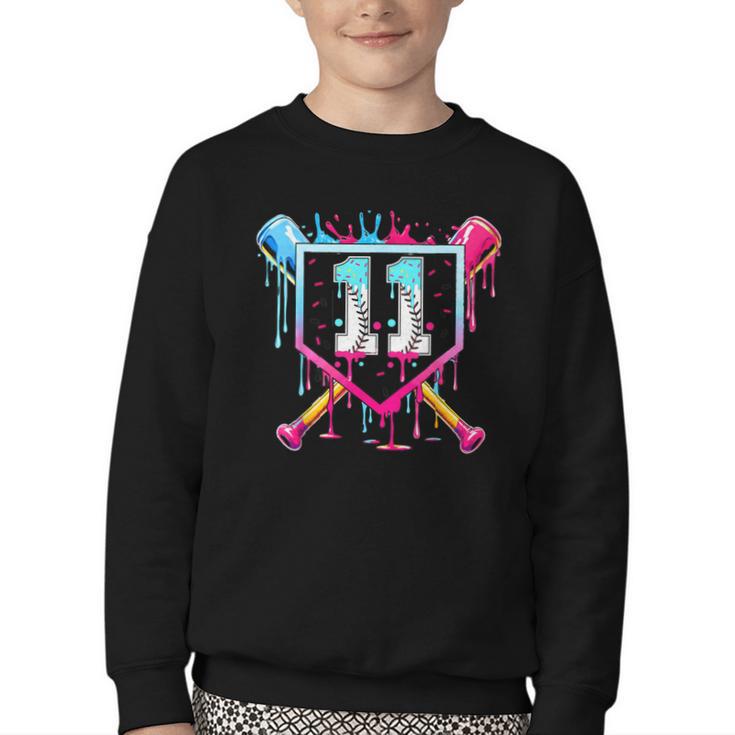 11th Birthday Boys Baseball Ice Cream Drip Boys Baseball Youth Crewneck Sweatshirt