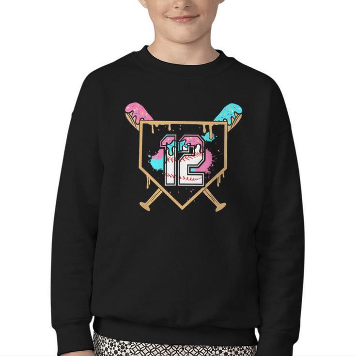 12th Birthday Baseball Bat Ice-Cream Drip 12yrs Old Boy Kid Youth Crewneck Sweatshirt