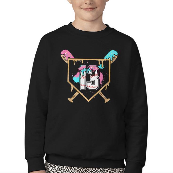 13th Birthday Baseball Bat Ice-Cream Drip 13yrs Old Boy Kid Youth Crewneck Sweatshirt