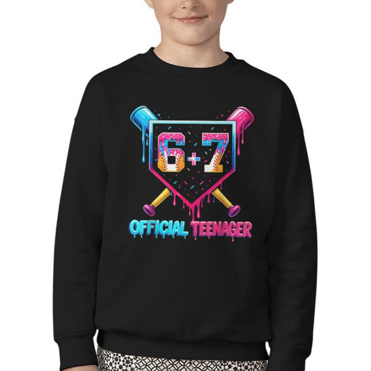13th Birthday Official Teenager 67 Baseball Drip Boys Youth Crewneck Sweatshirt