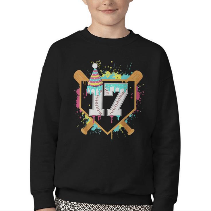 17th Birthday Baseball Drip Number 17 Year Old Birthday Boy Youth Crewneck Sweatshirt
