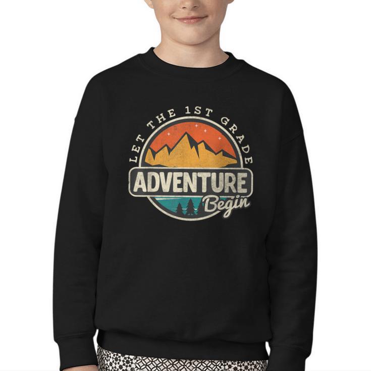 1st First Grade Shirt Adventure Begin Back To School Youth Crewneck Sweatshirt