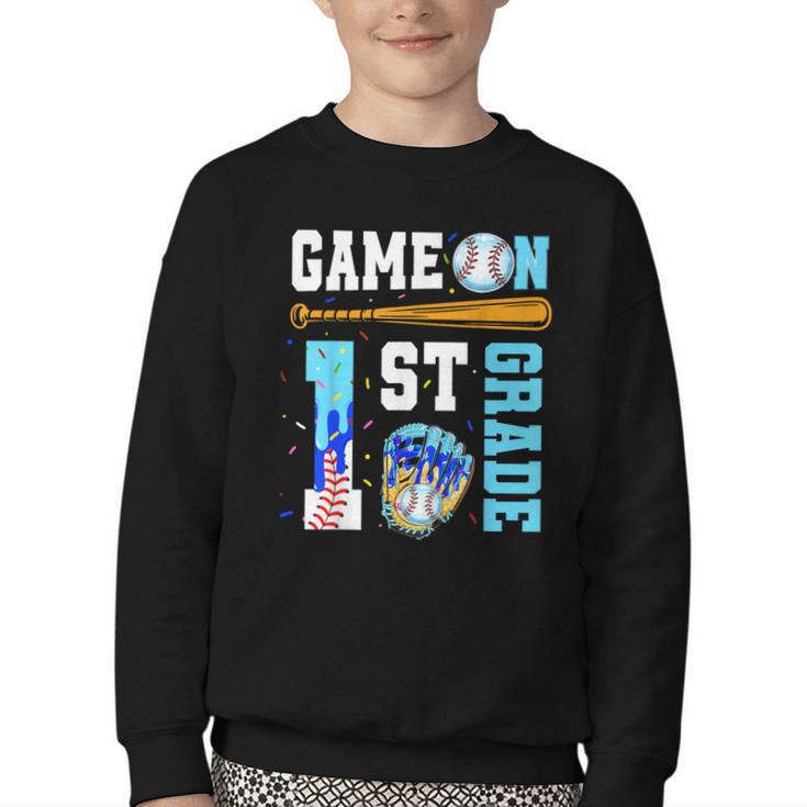 1st Grade Back To School Baseball Drip Ice Cream Game On Youth Crewneck Sweatshirt