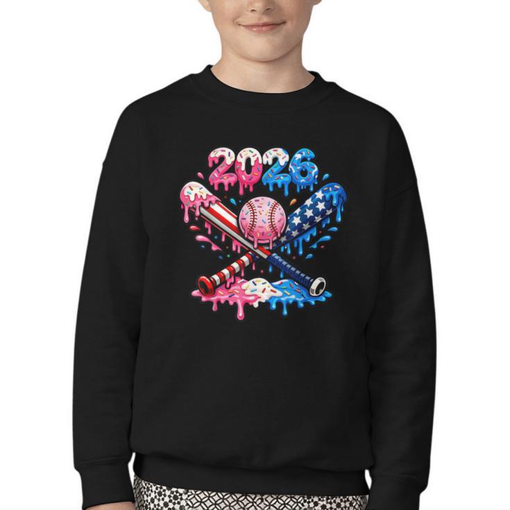 2026 American Flag Baseball Ice Cream Drip Bats Boys Youth Crewneck Sweatshirt