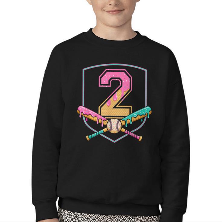 2nd Birthday Baseball Bat Ice-Cream Drip 2yrs Old Boys Kids Youth Crewneck Sweatshirt