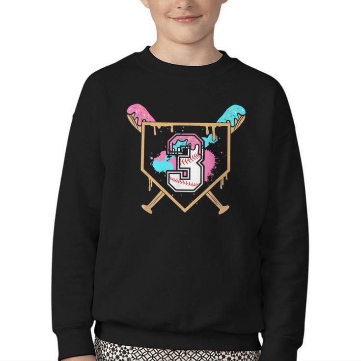 3rd Third Birthday Baseball Bat Ice-Cream Drip 3yrs Old Boys Youth Crewneck Sweatshirt