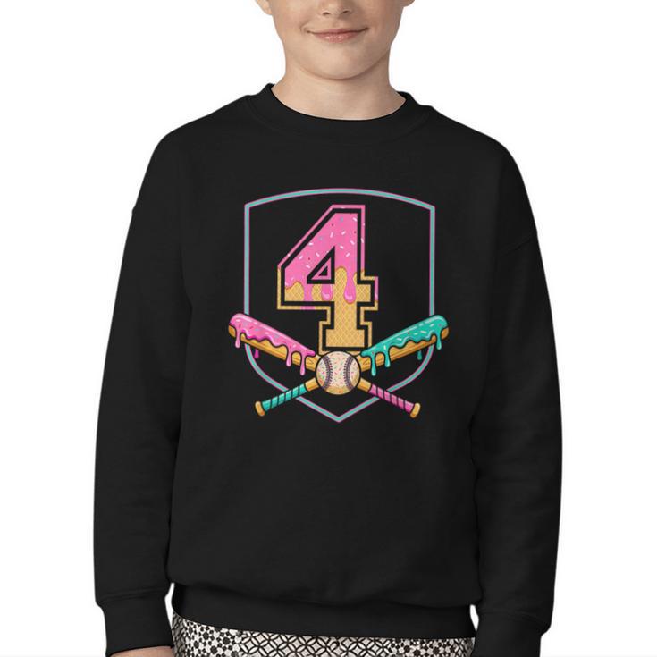 4th Birthday Baseball Bat Ice-Cream Drip 4yrs Old Boys Girls Youth Crewneck Sweatshirt