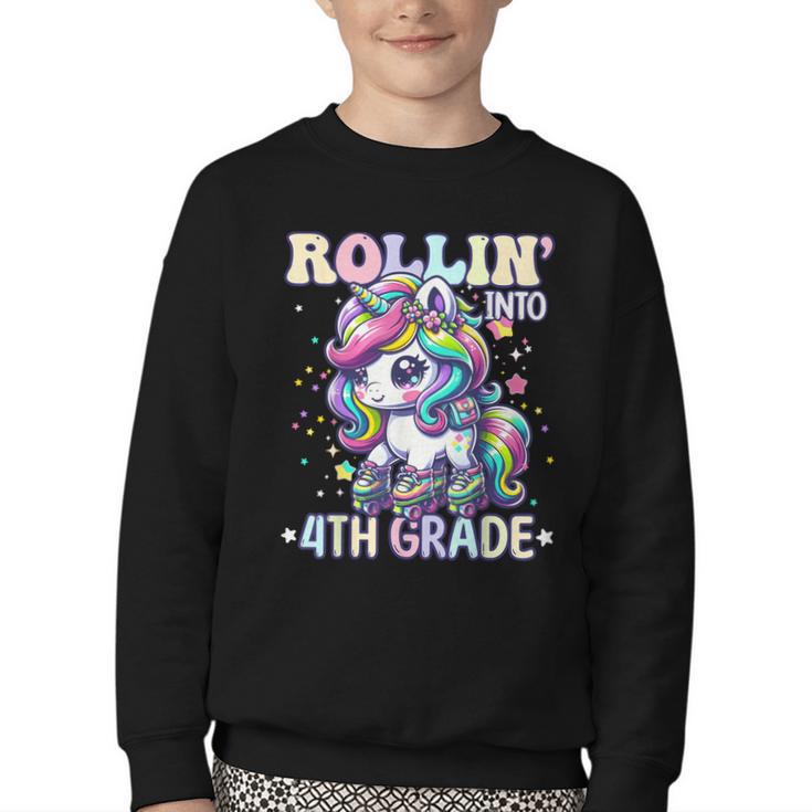4th Grade Back To School First Day Girls Rollin Unicorn Youth Crewneck Sweatshirt
