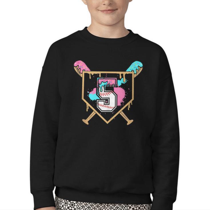 5th Fifth Birthday Baseball Bat Ice-Cream Drip 5yrs Old Boys Youth Crewneck Sweatshirt