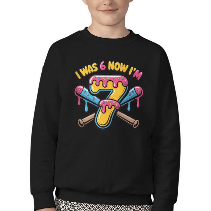 I Was 6 Now I'm 7 Dripping Ice Cream Baseball 67 Drip Youth Crewneck Sweatshirt