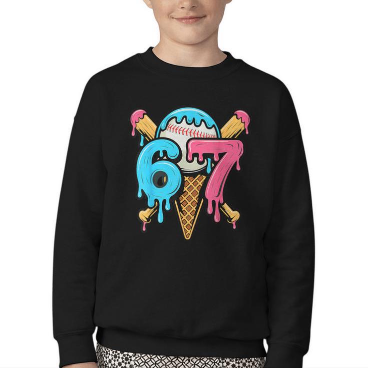 67 Baseball Ice Cream Drip Player Youth Crewneck Sweatshirt