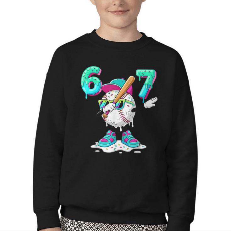 67 Meme Six Seven Meme Baseball Dapping Ice Cream Drip Youth Crewneck Sweatshirt