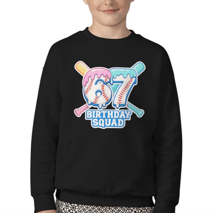 67th Birthday Squad Baseball Ice Cream Drip Birthday Squad Youth Crewneck Sweatshirt