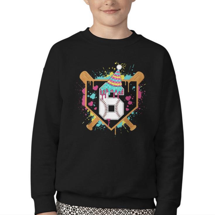 6th Birthday Baseball Drip Number 6 Year Old Birthday Boy Youth Crewneck Sweatshirt