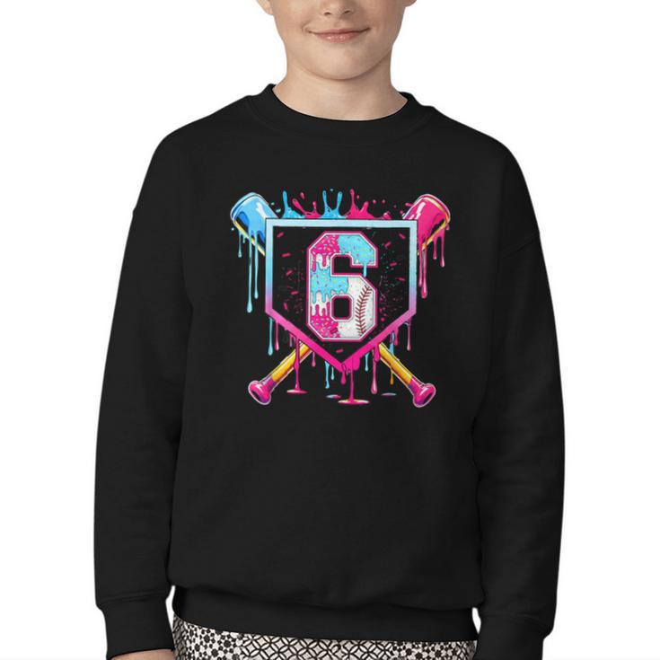 6th Birthday Boys Baseball Ice Cream Drip Boys Baseball Youth Crewneck Sweatshirt