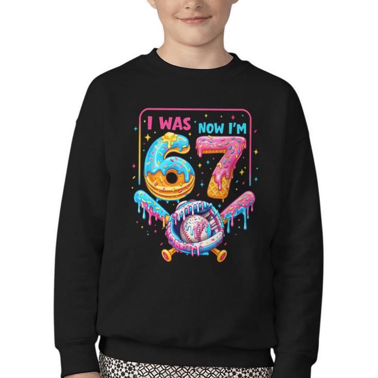 7th Birthday Boys I Was 6 Now I'm 7 Baseball Ice Cream Drip Youth Crewneck Sweatshirt