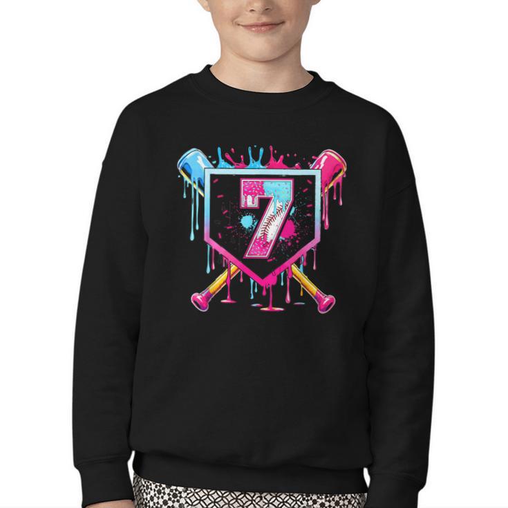 7th Birthday Boys Baseball Ice Cream Drip Boys Baseball Youth Crewneck Sweatshirt