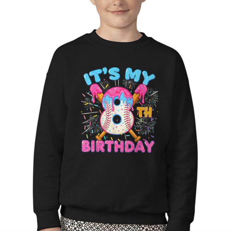 8th Birthday Baseball 8 Year Old Ice Cream Drip Boy Baseball Youth Crewneck Sweatshirt