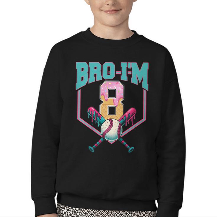 8th Birthday Boy Bro I'm 8 Years Old Baseball Theme Youth Crewneck Sweatshirt