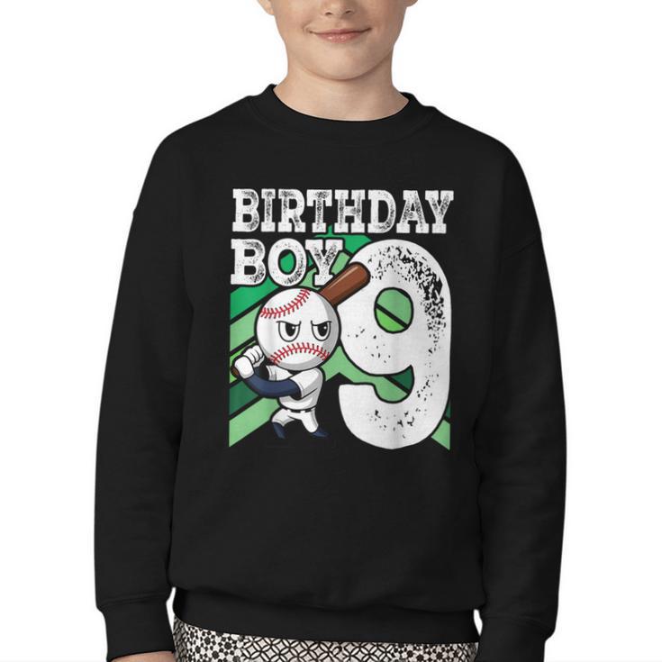 9th Birthday Baseball Birthday Party 9th Birthday Boy Youth Crewneck Sweatshirt