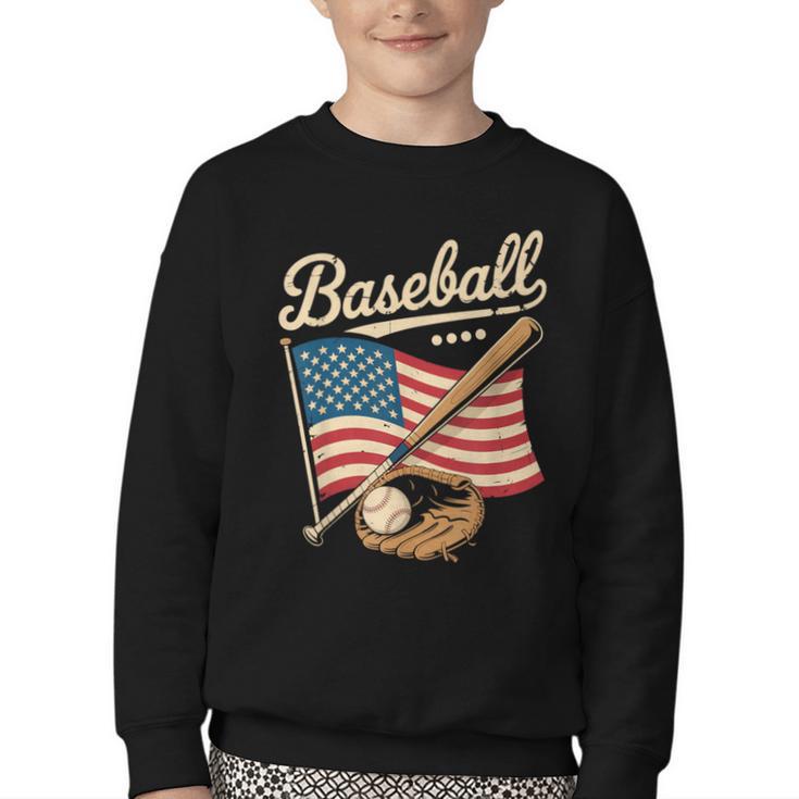 American Flag Baseball Player Bat Fan Catcher Pitcher USA Youth Crewneck Sweatshirt