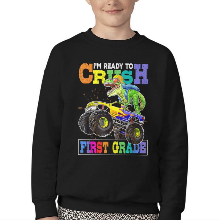 Back To School Boy Dinosaur I'm Ready To Crush First Grade Youth Crewneck Sweatshirt