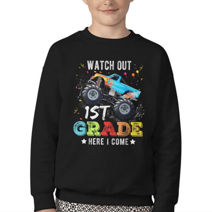 Back To School First Grade Here I Come For Boy Kids Truck Youth Crewneck Sweatshirt