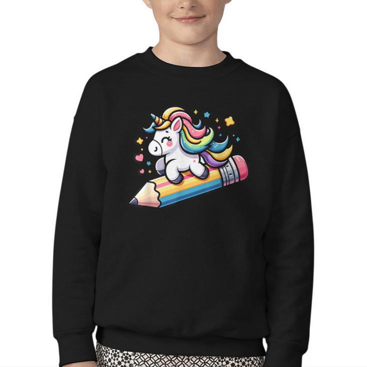 Back To School Unicorn Riding A Pencil Youth Crewneck Sweatshirt