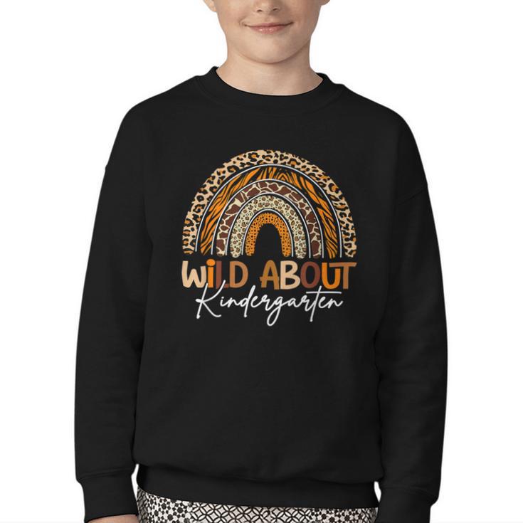Back To School Wild About Kindergarten Leopard Rainbow Youth Crewneck Sweatshirt