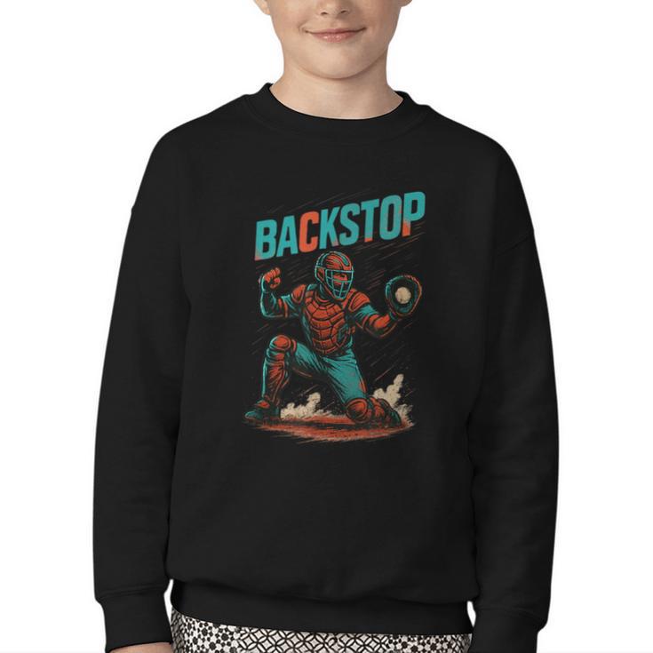 Backstop Catcher Baseball Graphic Youth Crewneck Sweatshirt
