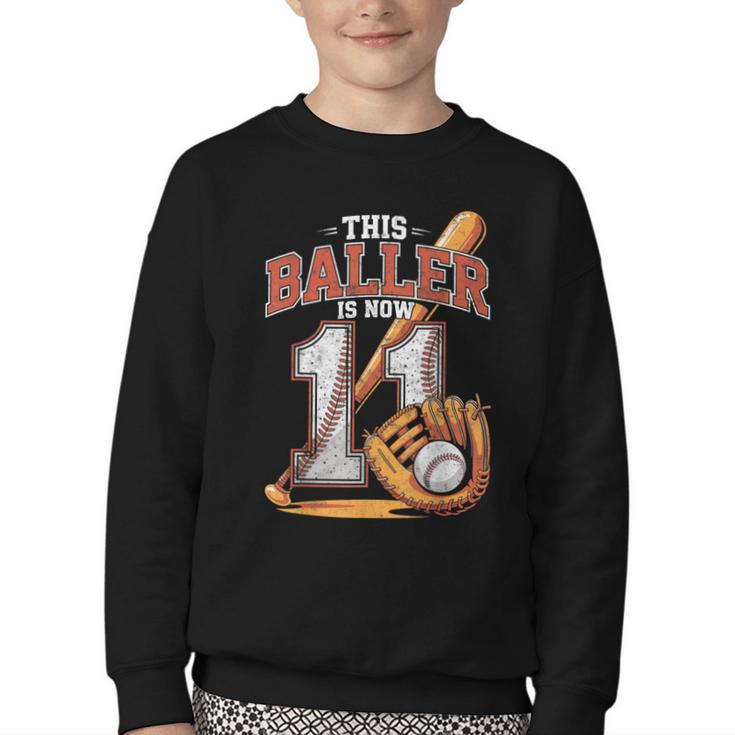 This Baller Is Now 11 Year Baseball Player 11th Birthday Boy Youth Crewneck Sweatshirt